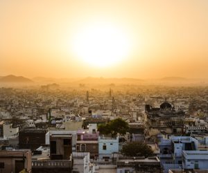 High,View,Showing,Part,Of,The,Udaipur,Skyline,At,Sunrise.